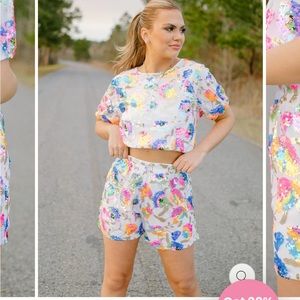 Select Trends Boutique Multicolor Sequin Set Top and Bottom Elastic Waist Short